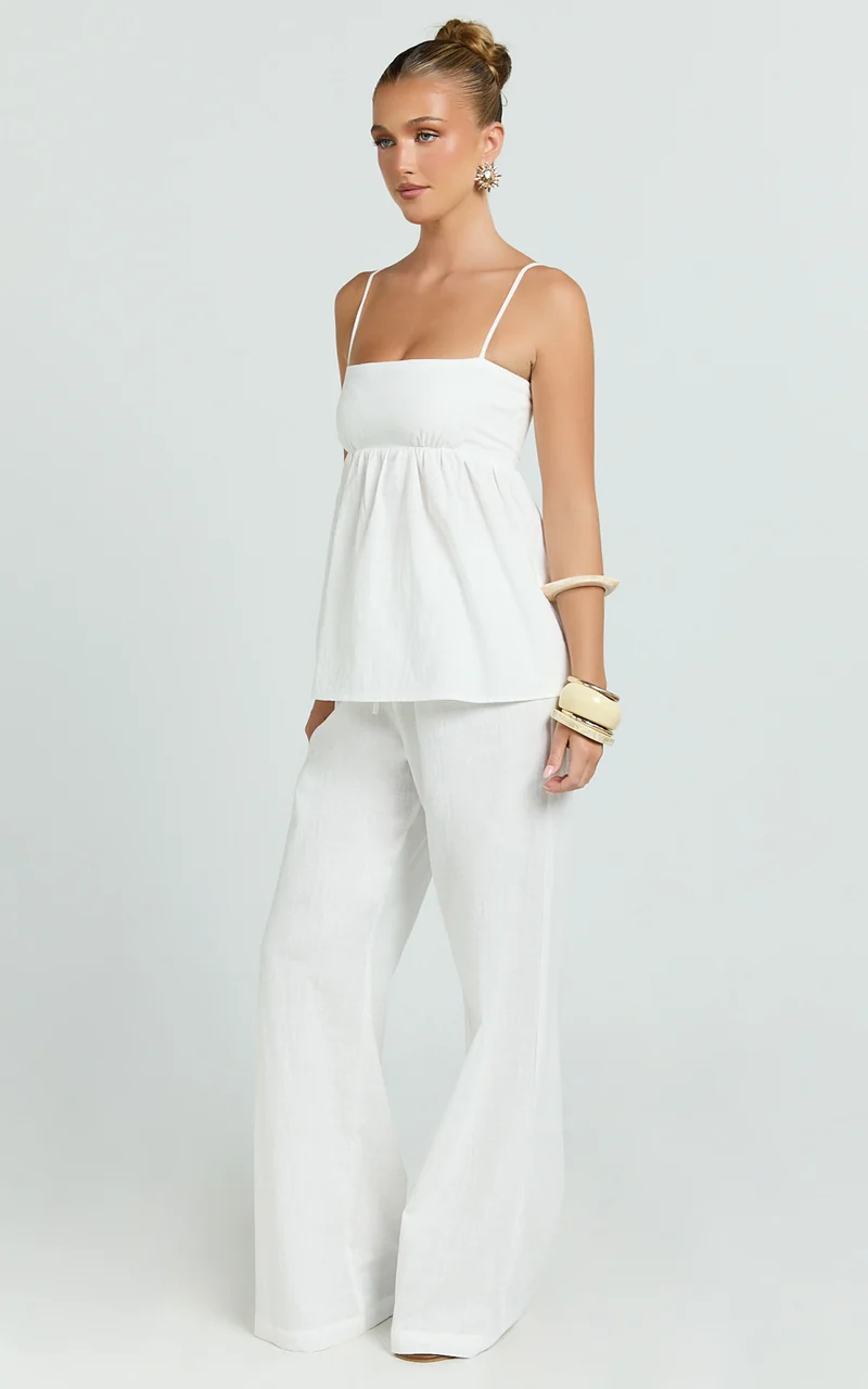 Valerie Two Piece Top and Pants Set - Baby Doll Top And Relaxed Pants Set in Off White