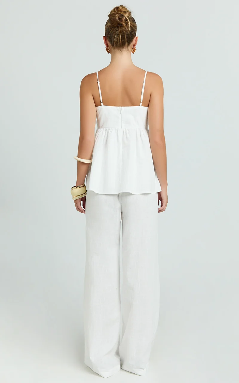 Valerie Two Piece Top and Pants Set - Baby Doll Top And Relaxed Pants Set in Off White