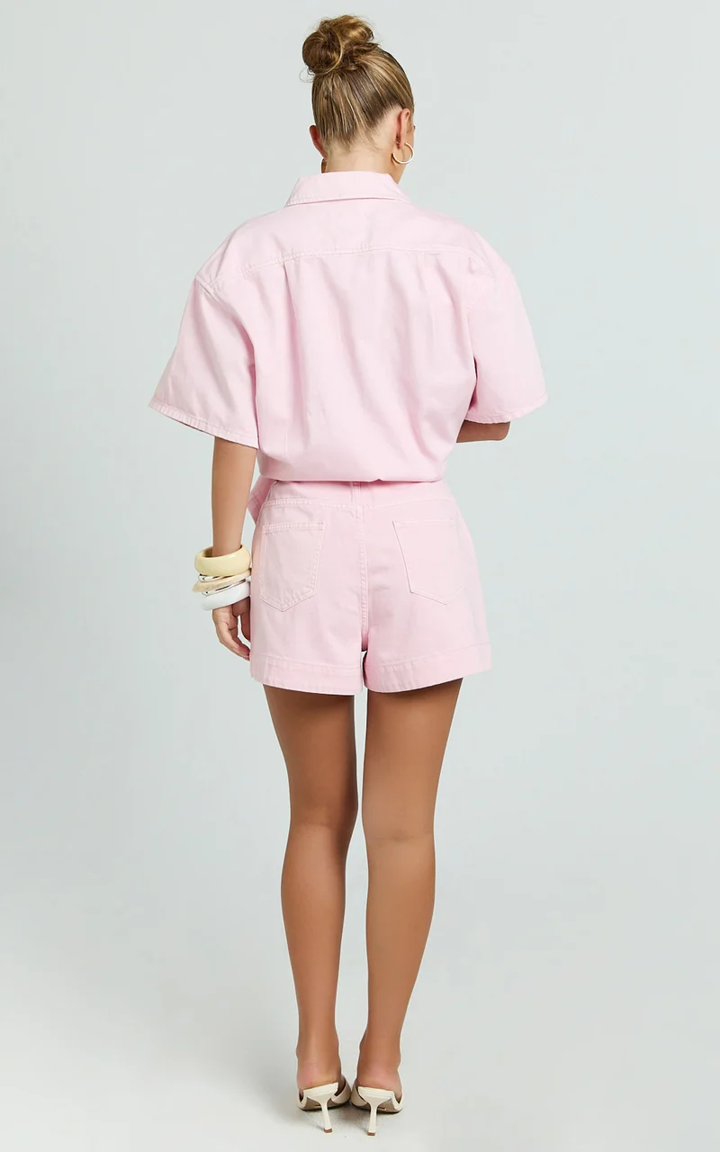 Rhianna Shorts - Mid Waist Recycled Denim Shorts in Pink