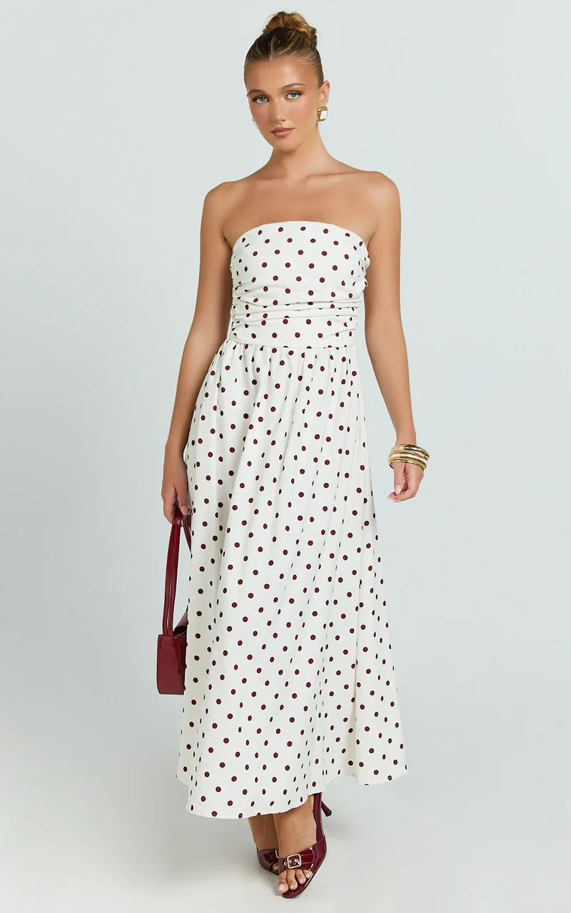 Polly Midi Dress - Strapless Ruched Dress in Red Polka Dot