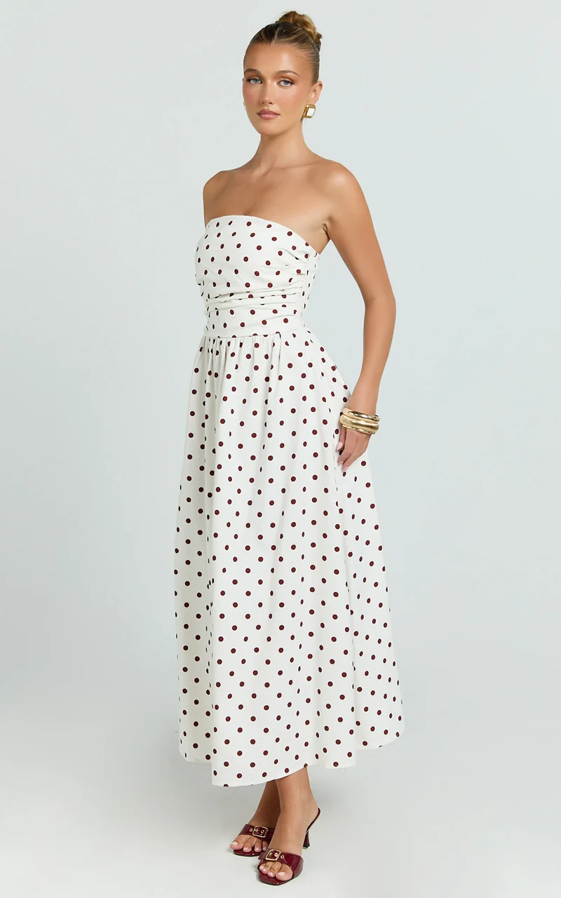 Polly Midi Dress - Strapless Ruched Dress in Red Polka Dot