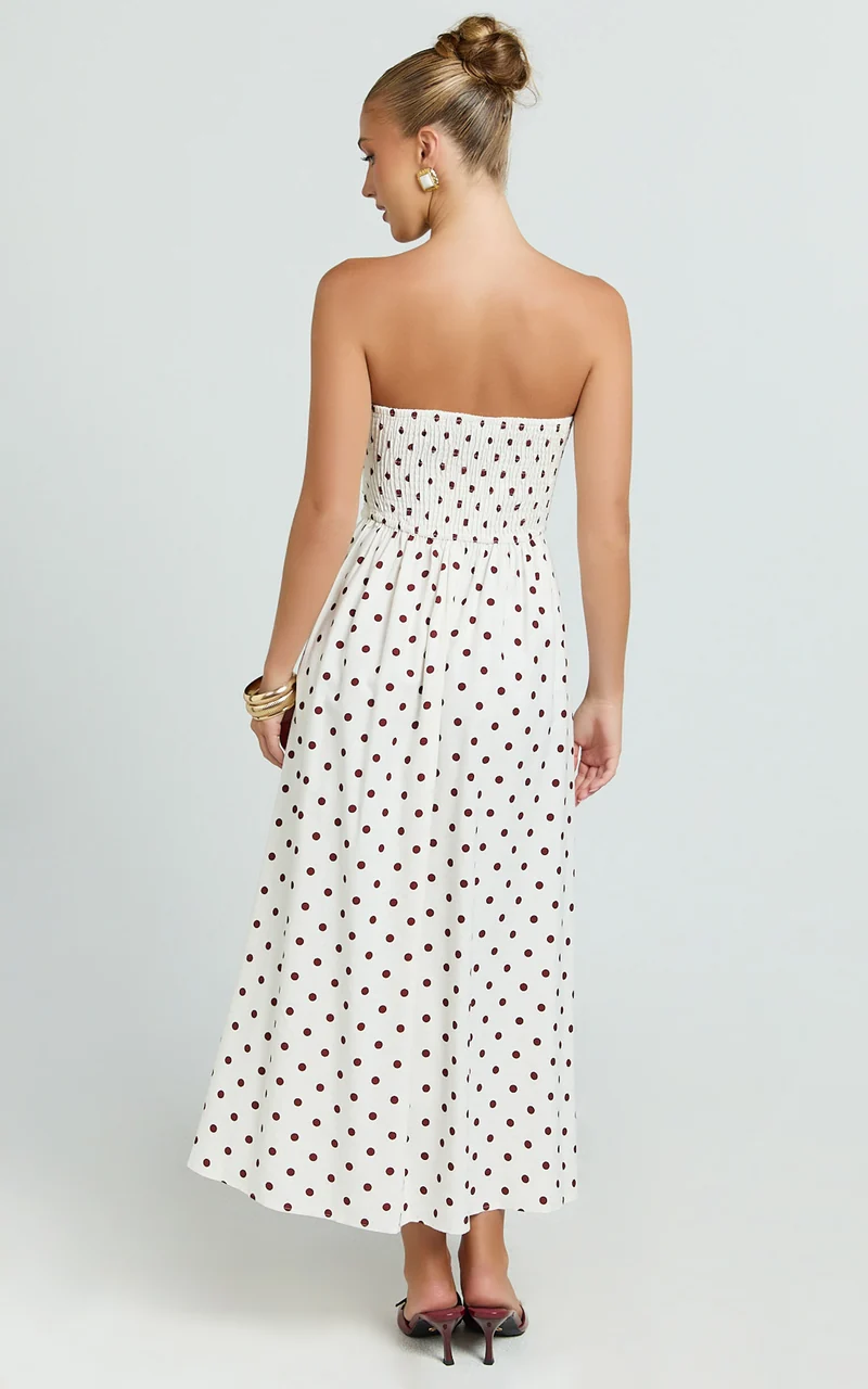 Polly Midi Dress - Strapless Ruched Dress in Red Polka Dot