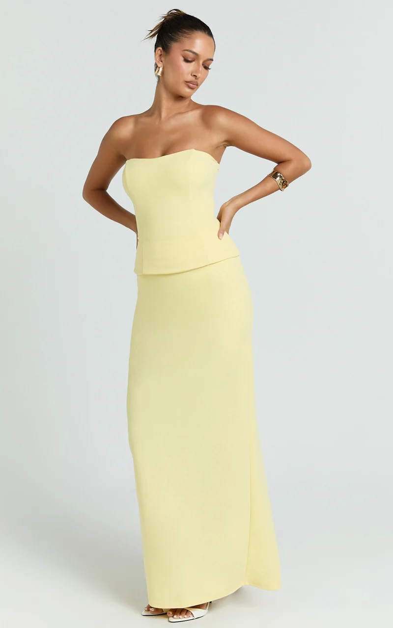 Anya Two Piece Top and Skirt Set - Strapless Fit And Flare Top And Maxi Skirt in Lemon
