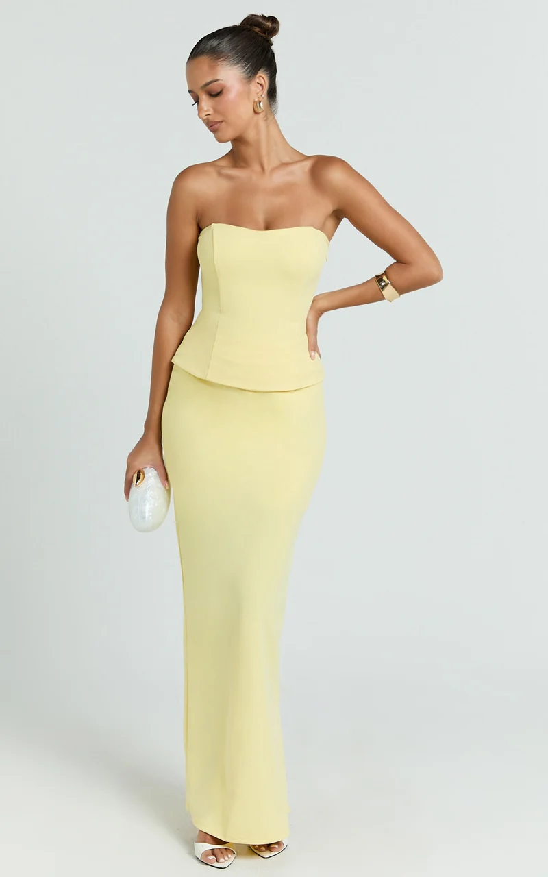 Anya Two Piece Top and Skirt Set - Strapless Fit And Flare Top And Maxi Skirt in Lemon