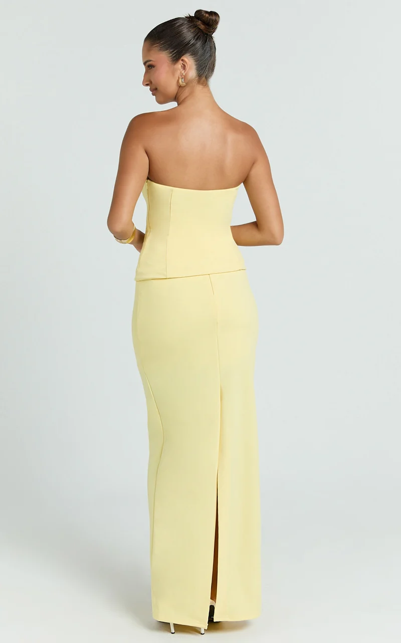 Anya Two Piece Top and Skirt Set - Strapless Fit And Flare Top And Maxi Skirt in Lemon