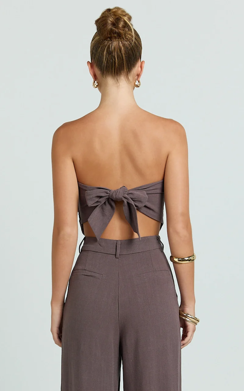 Norma Top - Strapless Linen Blend Scarf Tie Top in Mushroom
