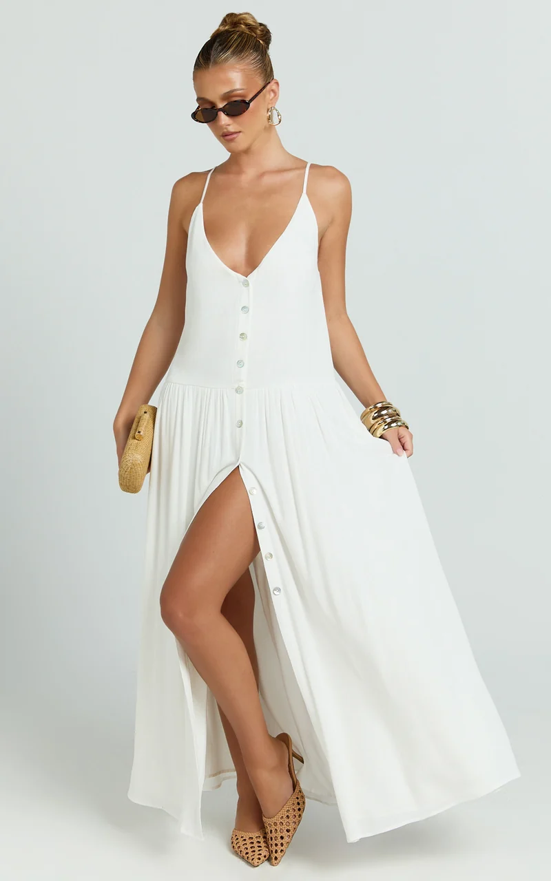 Lucille Maxi Dress - Button Down Front Split Maxi Dress in Off White