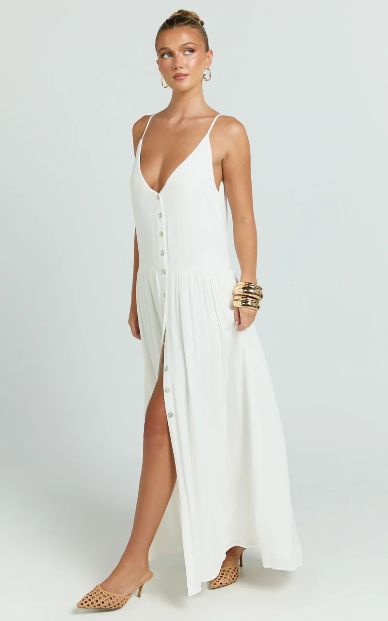 Lucille Maxi Dress - Button Down Front Split Maxi Dress in Off White