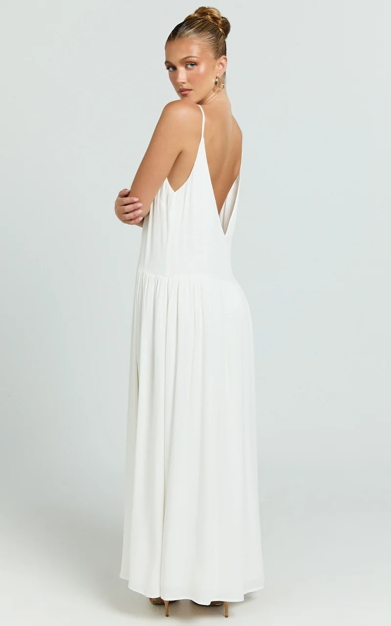 Lucille Maxi Dress - Button Down Front Split Maxi Dress in Off White