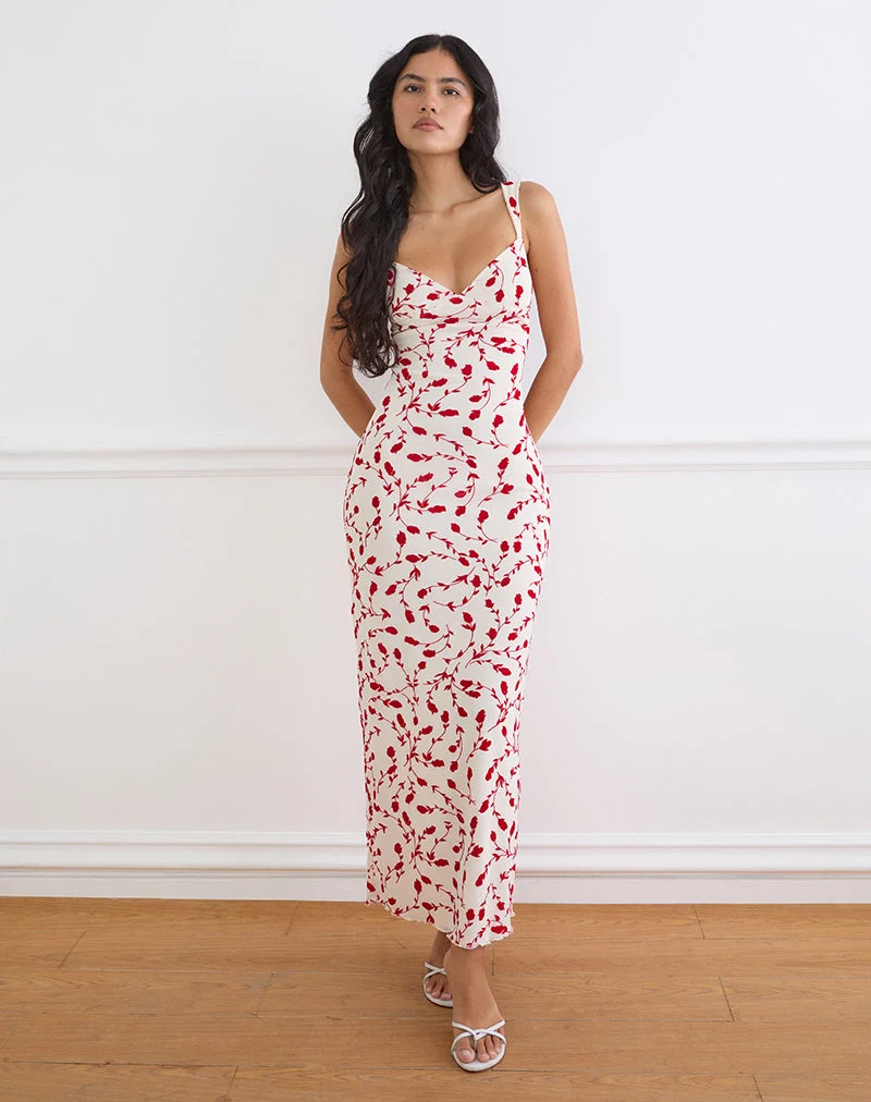 Robe longue Sitiya couleur crème avec motif floqué de lys rouges feuillus