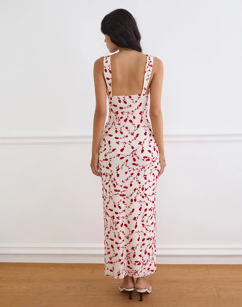 Robe longue Sitiya couleur crème avec motif floqué de lys rouges feuillus