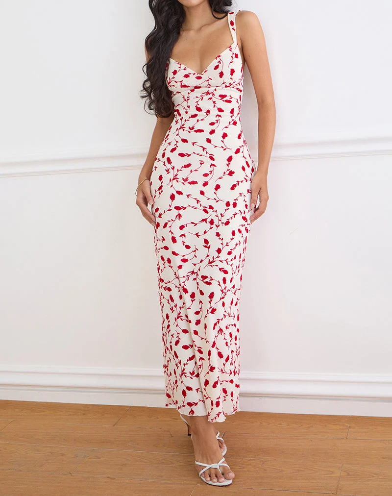 Robe longue Sitiya couleur crème avec motif floqué de lys rouges feuillus