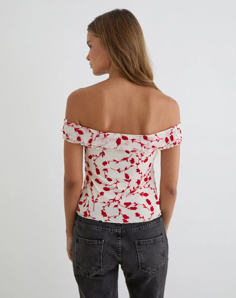 Haut Switi Bardot couleur crème avec motif floqué de lys rouges feuillus