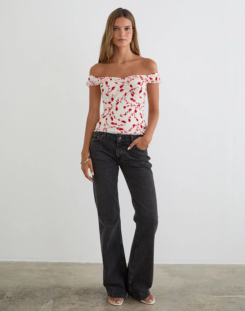Haut Switi Bardot couleur crème avec motif floqué de lys rouges feuillus