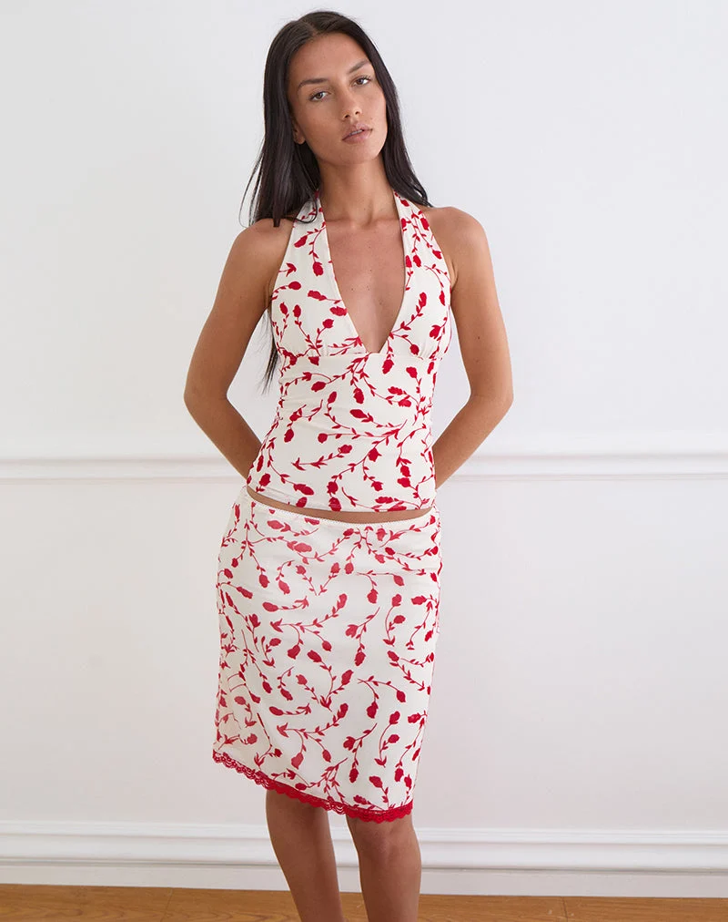 Jupe mi-longue Radu, couleur crème, avec motif floqué de lys rouges feuillus