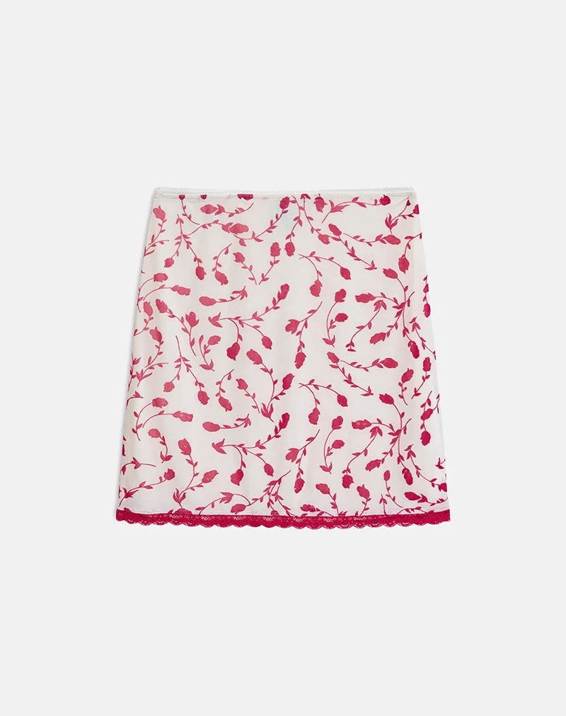Jupe mi-longue Radu, couleur crème, avec motif floqué de lys rouges feuillus
