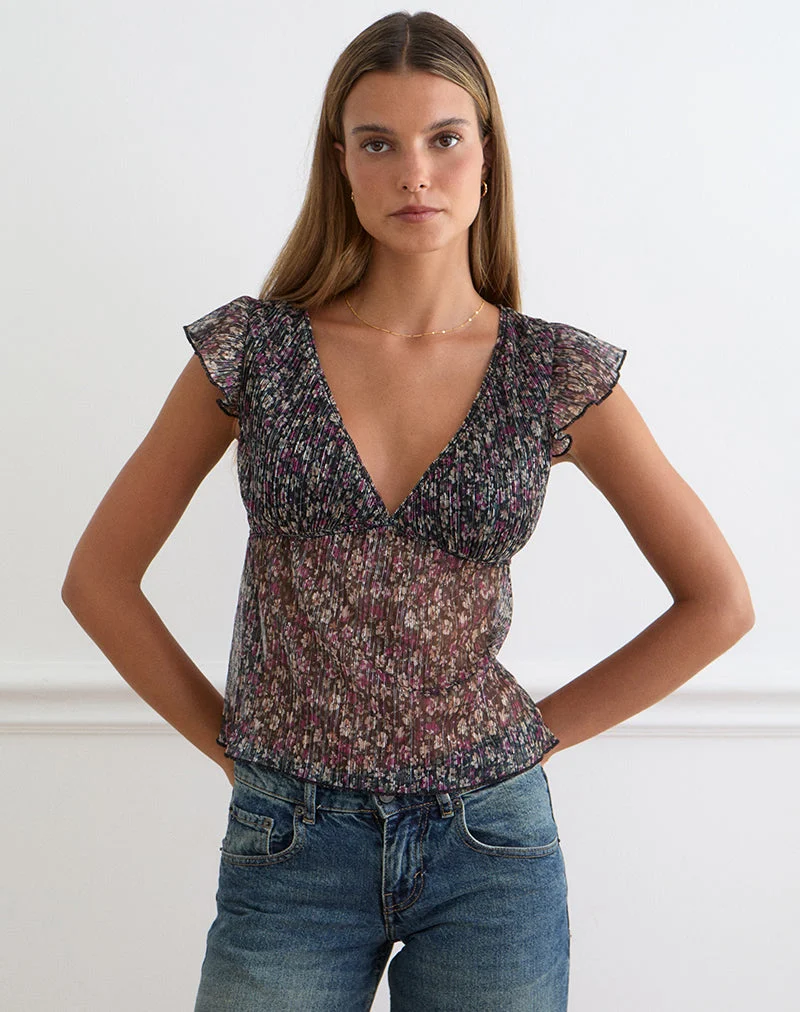 Haut Pharita à col en V, motif floral discret plissé, couleur anthracite