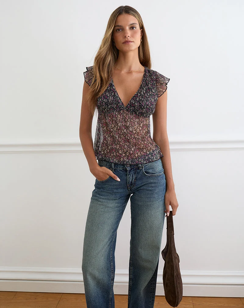 Haut Pharita à col en V, motif floral discret plissé, couleur anthracite