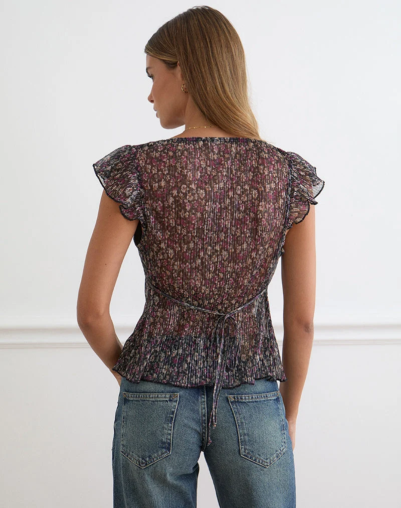 Haut Pharita à col en V, motif floral discret plissé, couleur anthracite