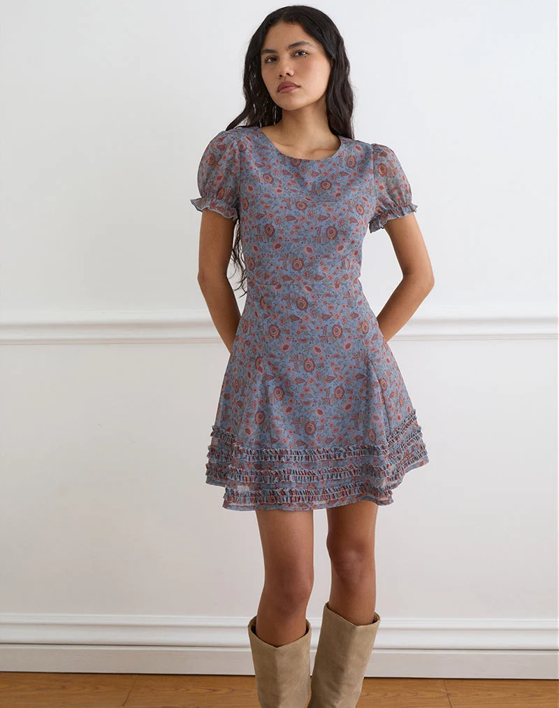 Mini-robe Koharu en mousseline bleu « Shadow Blossom »