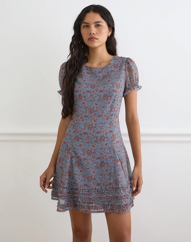 Mini-robe Koharu en mousseline bleu « Shadow Blossom »
