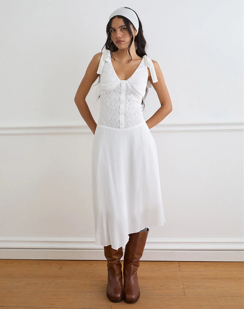 Robe midi Danira avec taille en dentelle, en rayonne blanche
