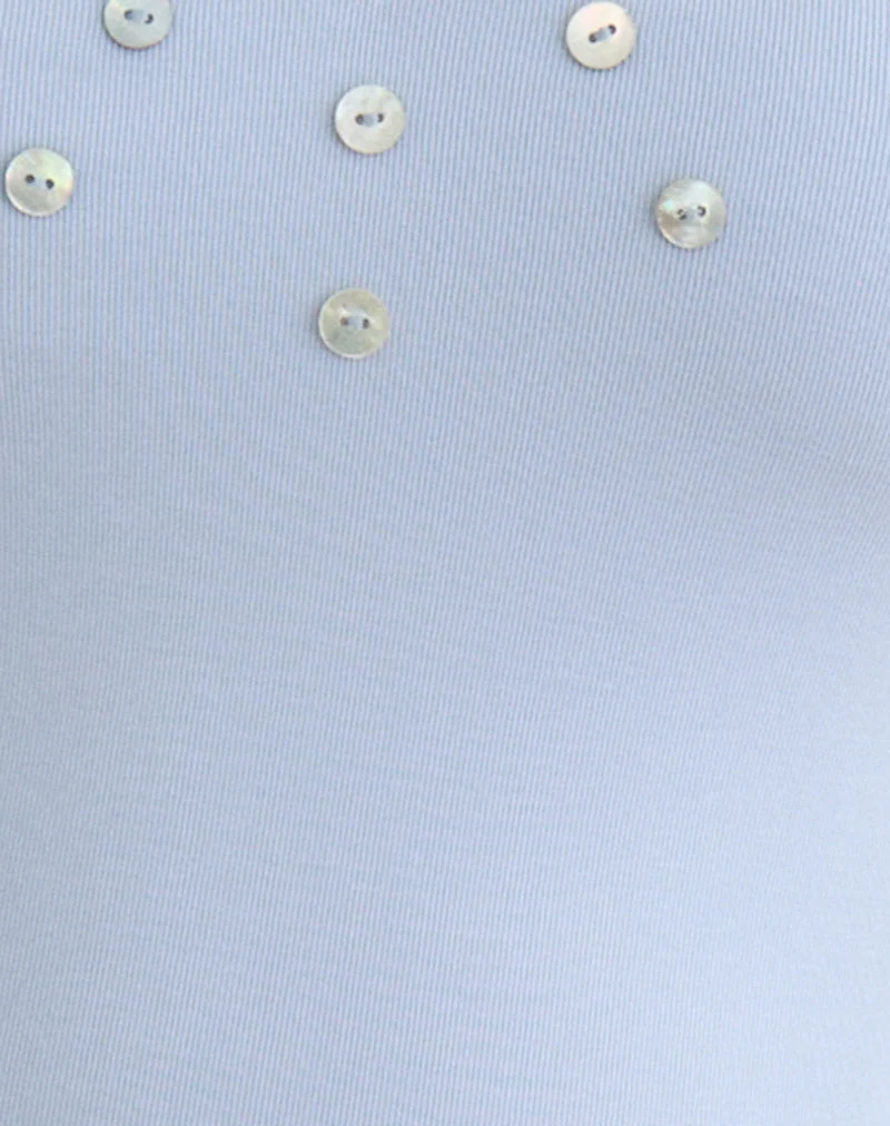Haut Amita à boutons en perles, en maille côtelée, bleu poudré