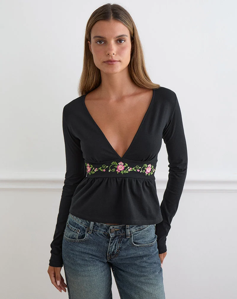 Haut Yahop noir avec broderie florale en spirale