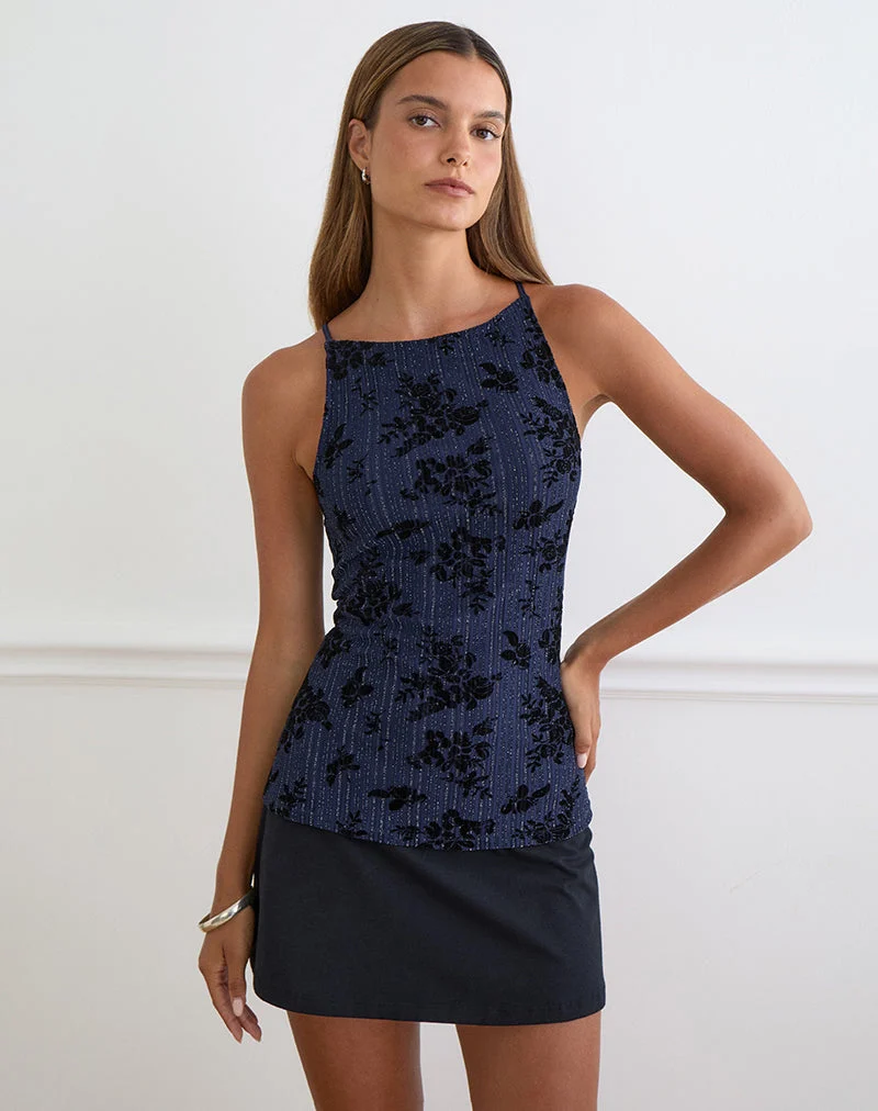 Débardeur pour femme en tissu plissé flocé brillant, bleu marine
