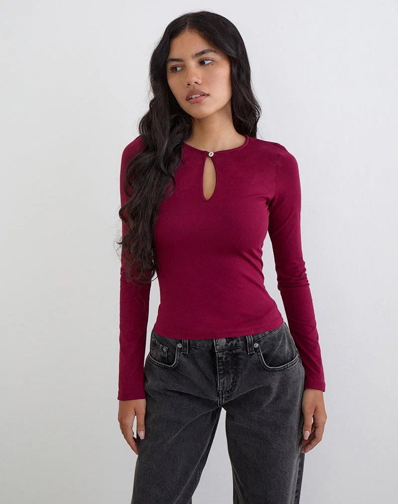 Haut à manches longues Jenji avec bouton en perle, couleur bordeaux