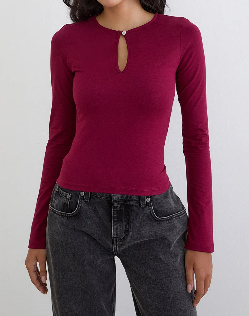 Haut à manches longues Jenji avec bouton en perle, couleur bordeaux