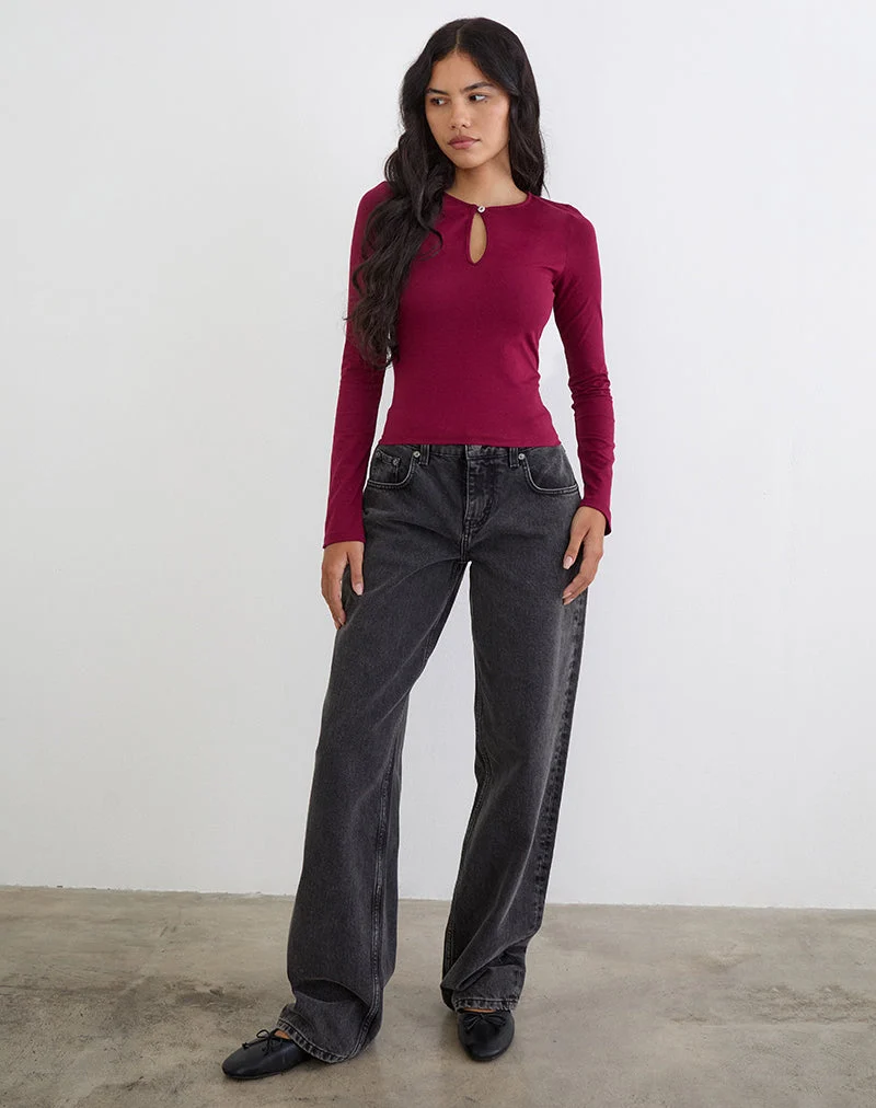 Haut à manches longues Jenji avec bouton en perle, couleur bordeaux