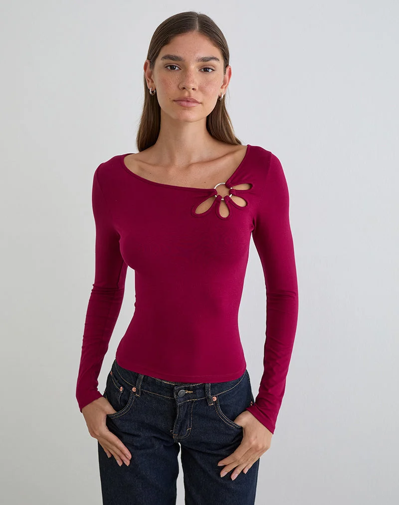 Haut à manches longues Donela avec anneau fleuri, couleur bordeaux