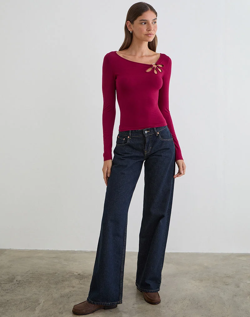 Haut à manches longues Donela avec anneau fleuri, couleur bordeaux