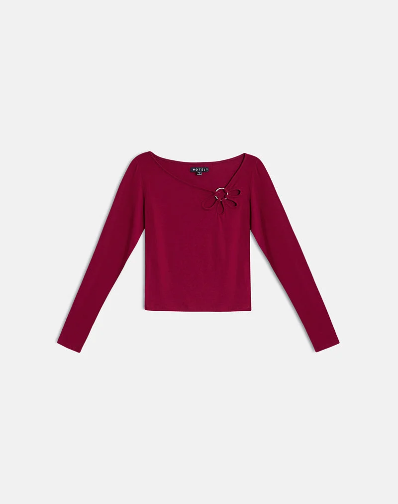 Haut à manches longues Donela avec anneau fleuri, couleur bordeaux