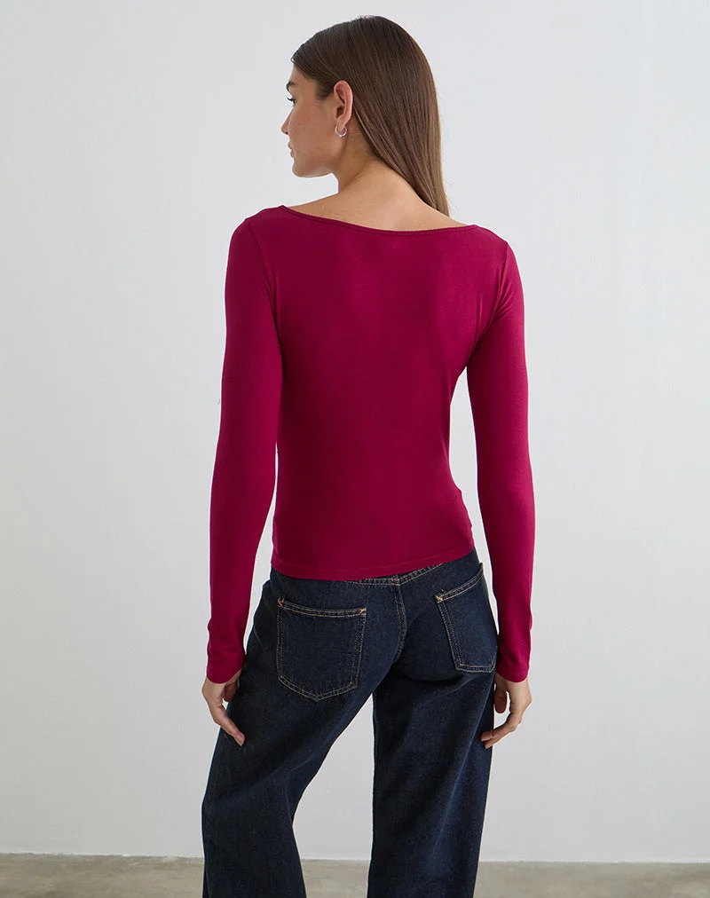 Haut à manches longues Donela avec anneau fleuri, couleur bordeaux