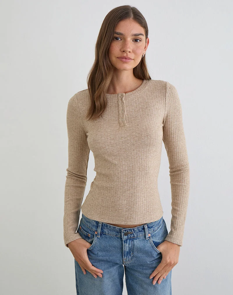 Haut à manches longues boutonné Zinta en tricot côtelé couleur avoine