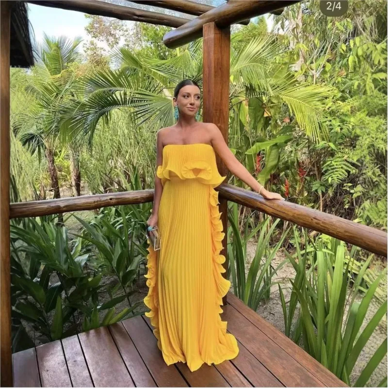 Robe cocktail chic bohème jaune