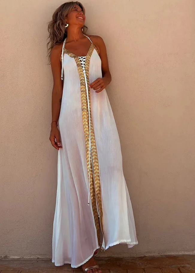 Robe longue d’été bohème blanche dorée