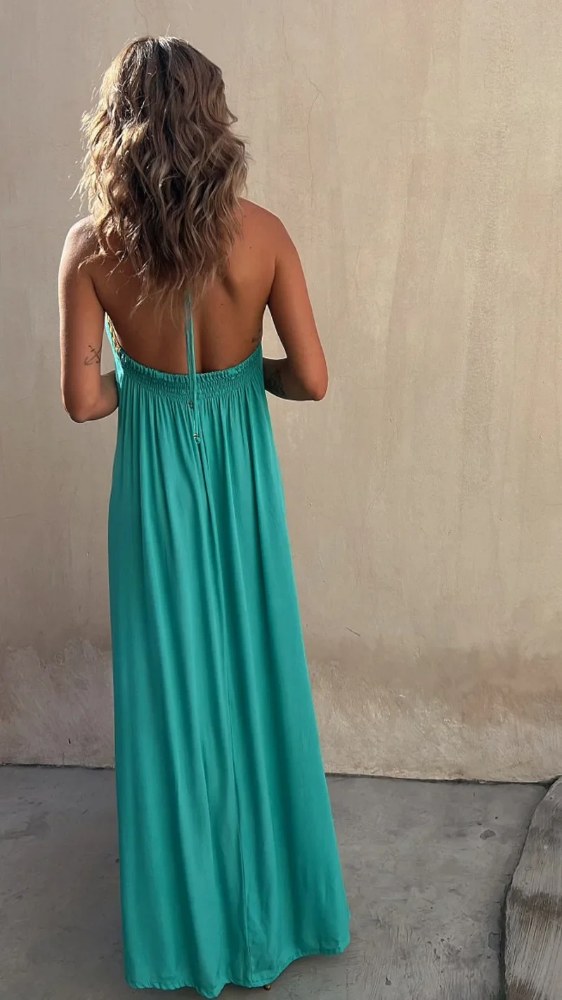 Robe longue d’été bohème bleu et doré