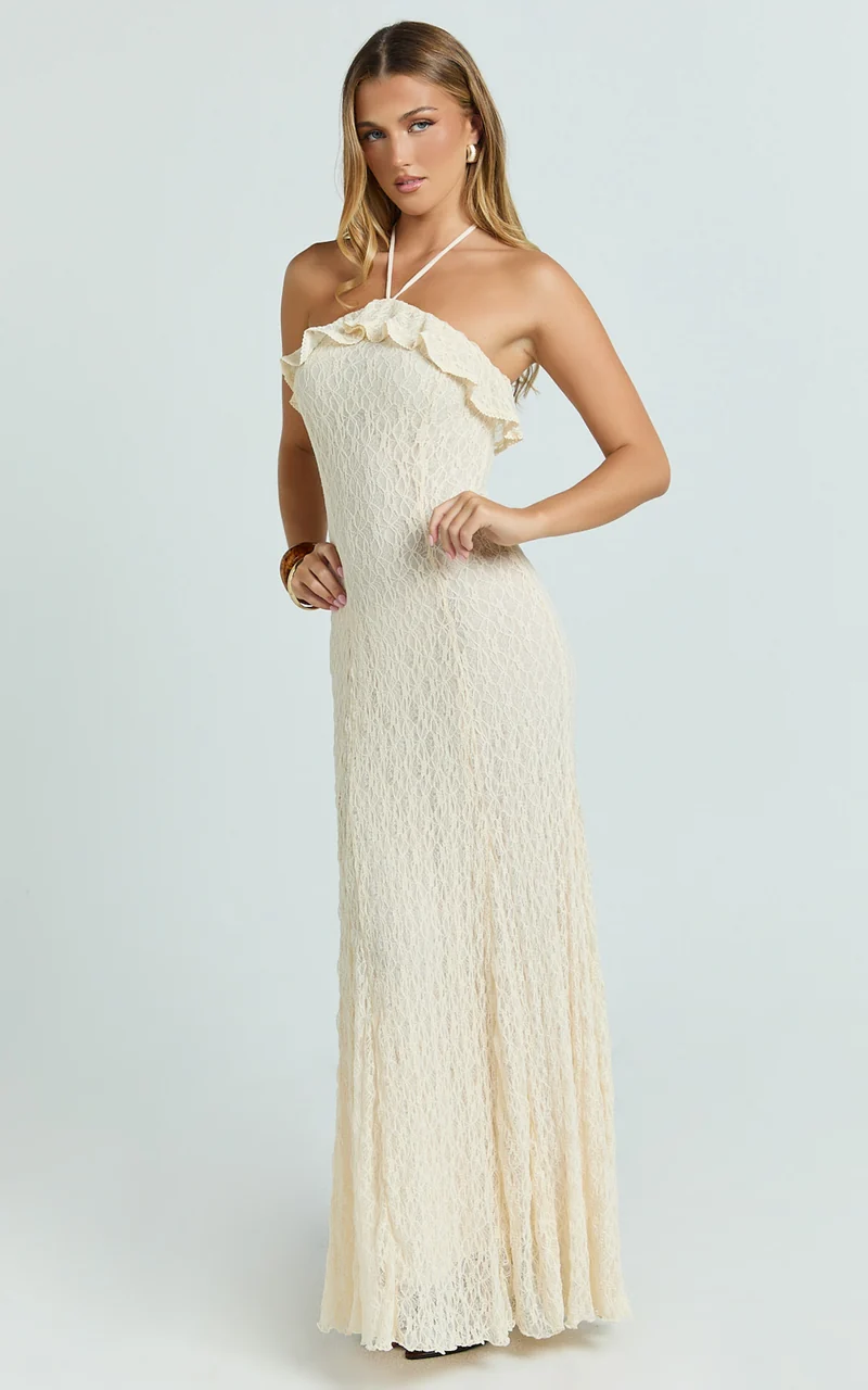 Rhea Maxi Dress - Lace Ruffle Halter A Line Godet Dress in Cream