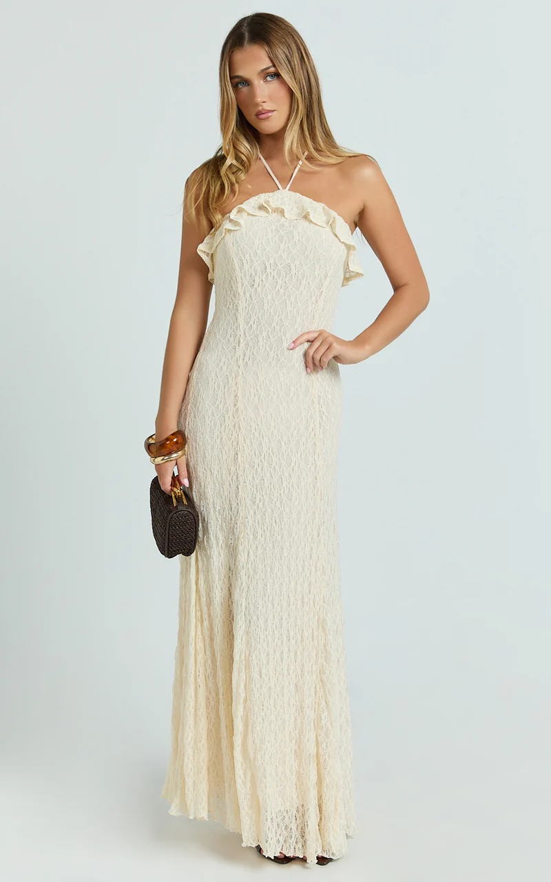 Rhea Maxi Dress - Lace Ruffle Halter A Line Godet Dress in Cream