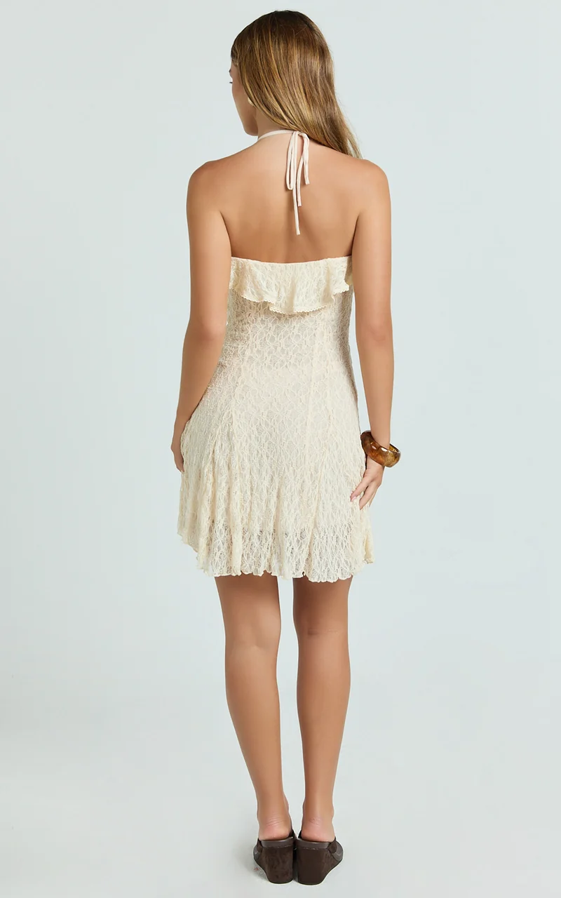 Rhea Mini Dress - Jacquard Ruffle Halter A Line Dress in Cream