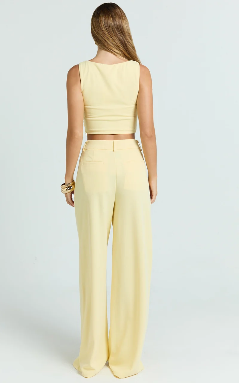 Helen Two Piece Set - Crepe Twisted Top And Wide Leg Pants in Pastel Yellow