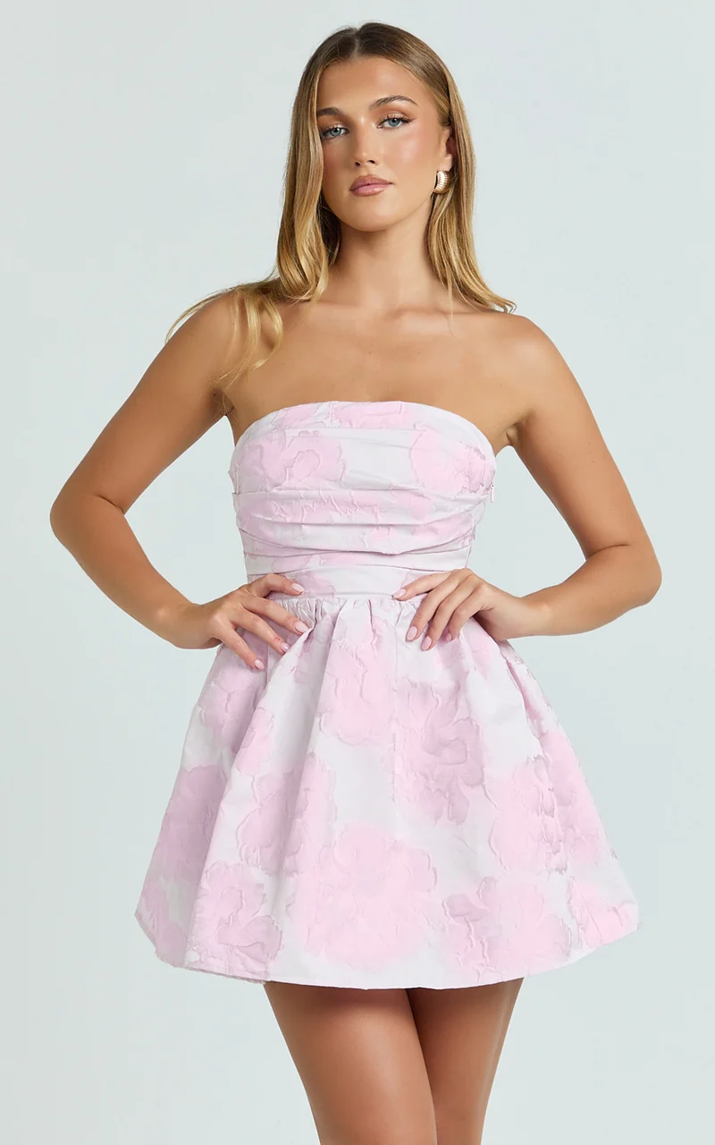 Laure Mini Dress - Strapless Jacquard Dress in Pink