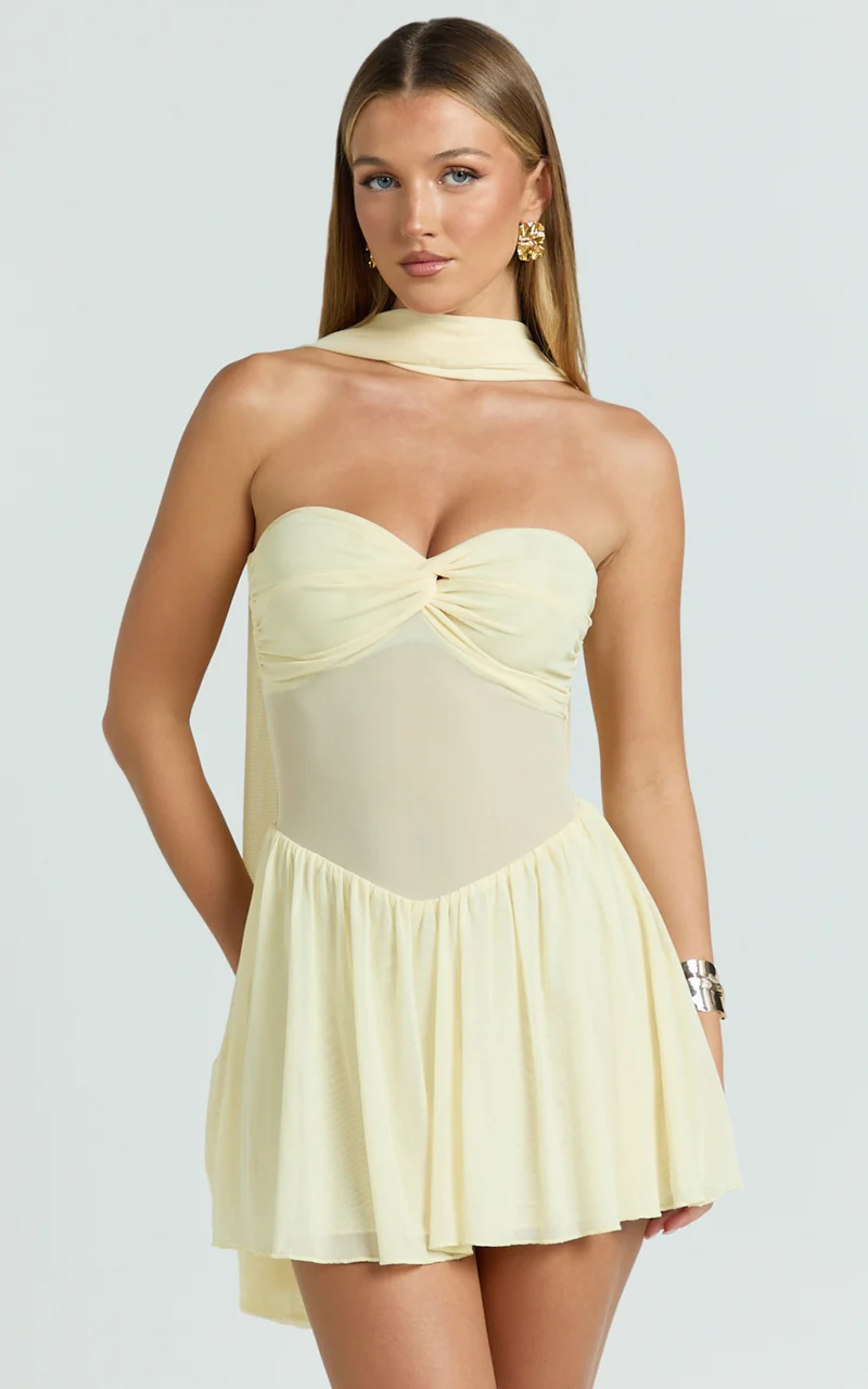 Carter Mini Dress - Strapless Front Twist Dropped Waist With Neck Scarf Dress in Lemon