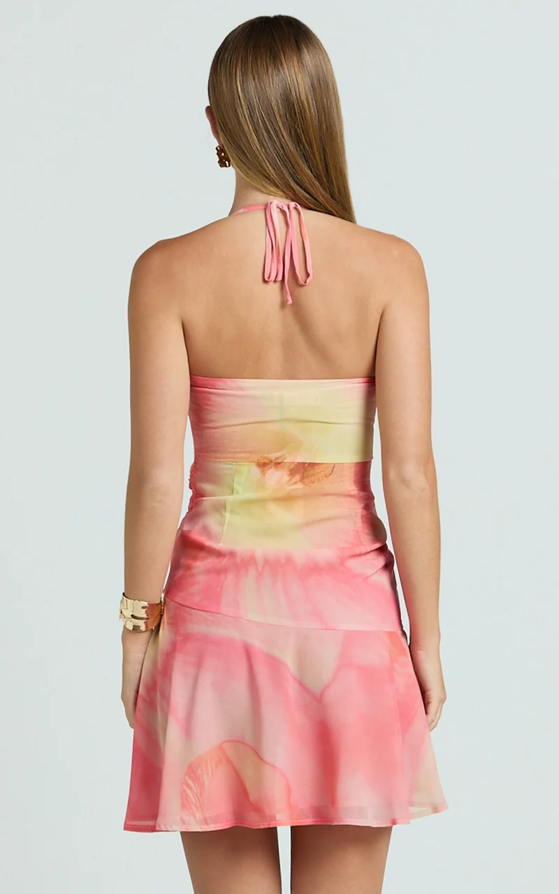 Charlie Mini Dress - Shirred Polka Dot Halter Dress in Regency Floral