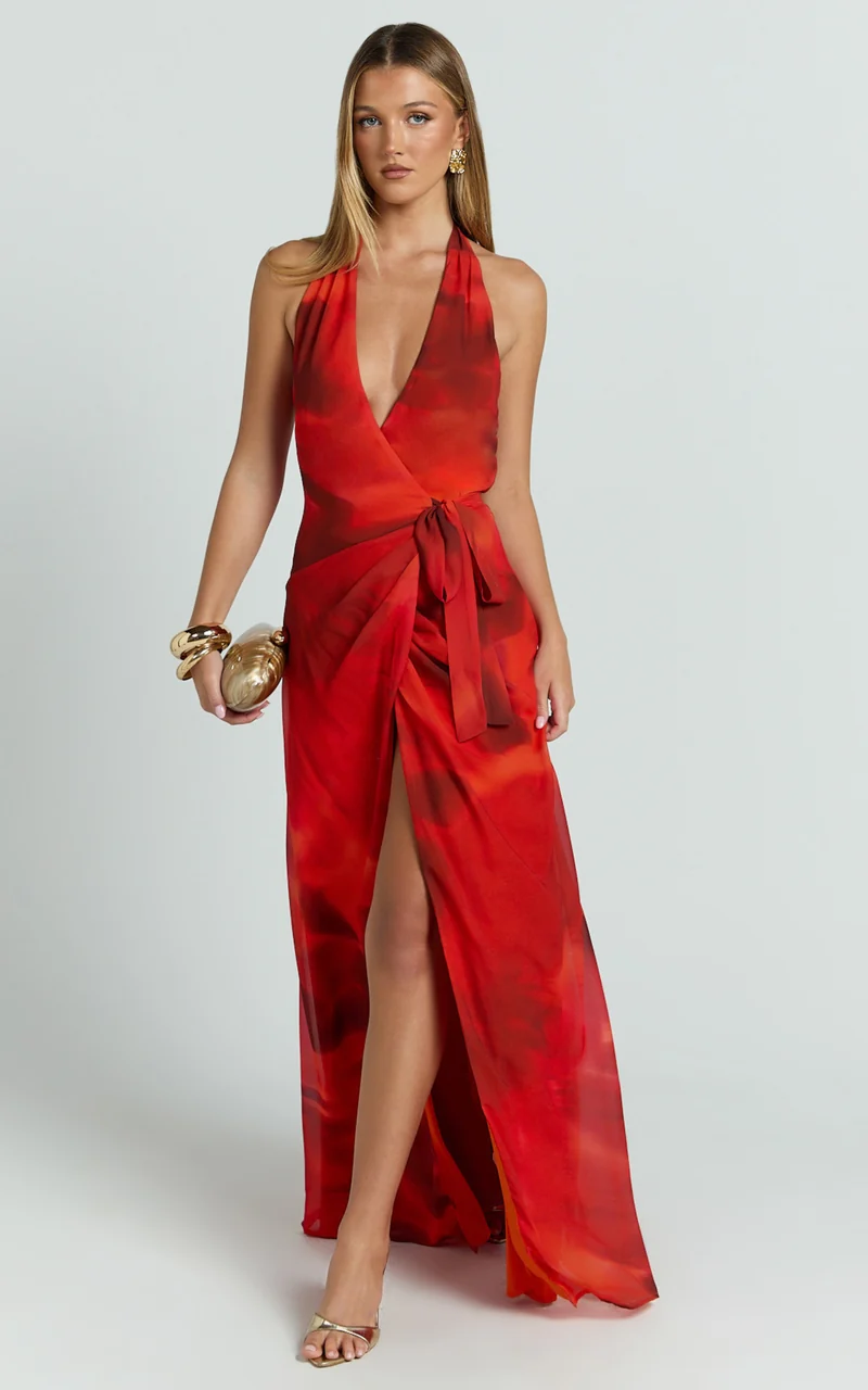 Eva Maxi Dress - Plunge Halter Wrap Dress in Abstract Adeana Print