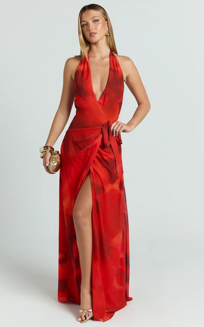Eva Maxi Dress - Plunge Halter Wrap Dress in Abstract Adeana Print