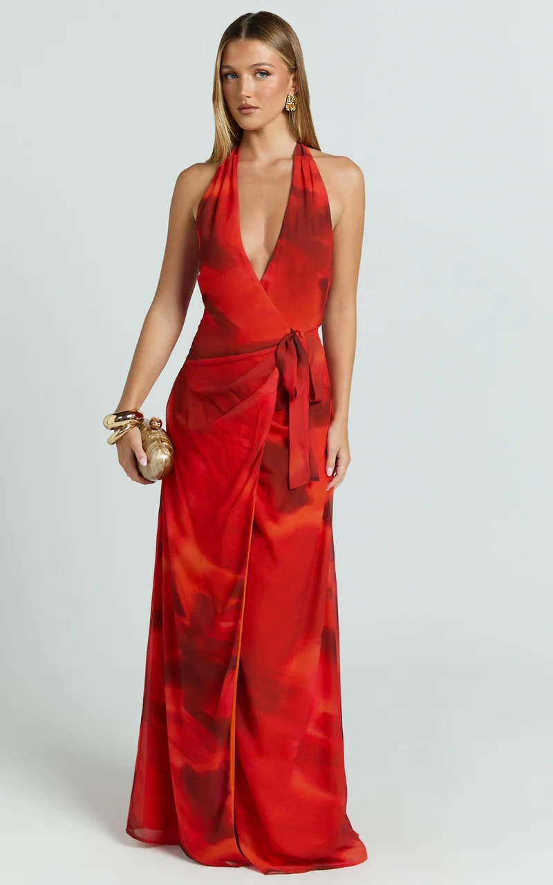 Eva Maxi Dress - Plunge Halter Wrap Dress in Abstract Adeana Print